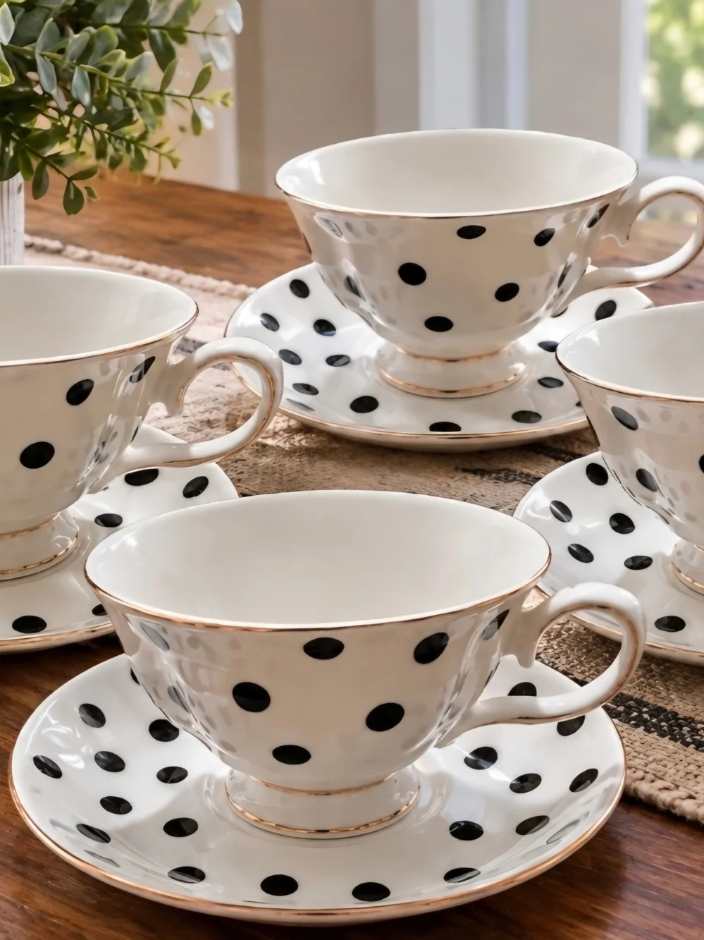 Set Of 4 Polka Dot Porcelain Tea Cup and Saucer - White with Black Dots